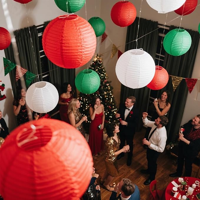Red -White and Green Paper Lanterns 12Pcs Hanging Lanterns for Christmas Theme, Wedding, Birthday Party, Baby Shower Festive Decoration