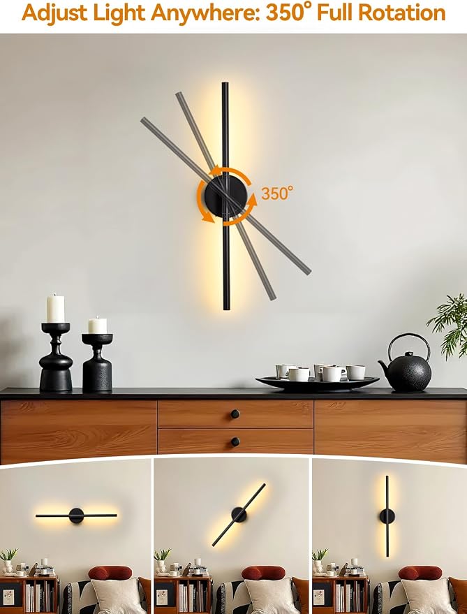 30 Inch Battery Operated Wall Sconces Set of 2, Wireless LED Wall Lights | with Remote & Touch Control, 350° Rotatable, Black Dimmable & Timer Modern Wireless Wall Lamps for Bedroom Living Room