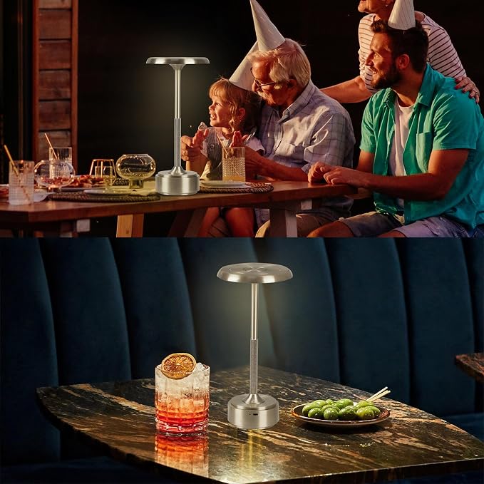 Cordless Rechargeable Modern Metal Table Lamp, Touch Dimming, 3-Color | Sliver, 5200mAh Battery, Portable LED Desk Light, Touch Sensor, Suitable for Night Light/Restaurant/Night Stand/Coffee/Bar