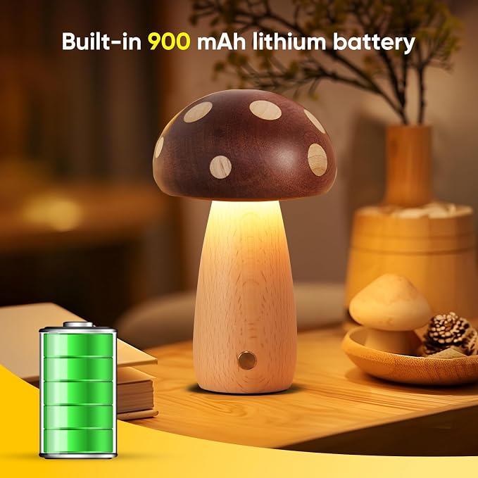 YIEONSHION LED Wood Mushroom Table Lamp, Rechargeable Cordless Touch Bedside Lamps, Wireless Stepless Dimming Night Light, Portable Battery Lamp for Bedroom Nightstand for Birthday Gifts (DMG-Big)
