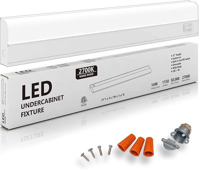 harrrrd Hardwired LED Under Cabinet Task Lighting - 14 Watt, 21", 2700K (Soft White), Wide Body, Long Lasting Metal Base with Frost Lens