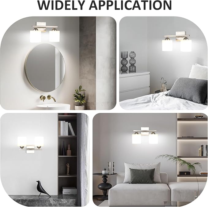 2 Light Brushed Nickel Vanity Lights for Bathroom, Modern Bathroom Light Fixtures Over Mirror, Vanity Light with Milky White Glass Shades, Farmhouse Wall Lights, E26 Socket