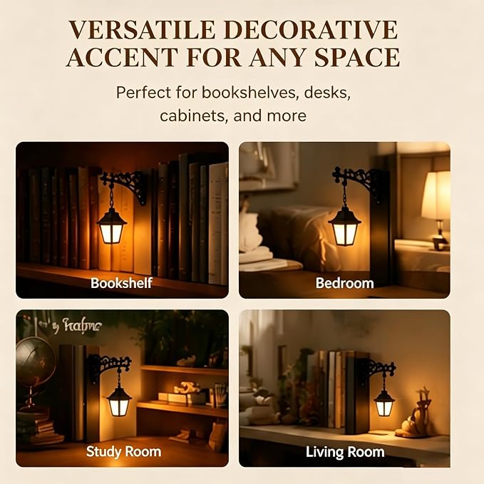 Library Lantern Bookshelf Lamp, Decorative Bookshelf Light with Warm LED Nightlight, Mini Nook Light for Bookshelf, Portable Table Desk Luminaire, Hanging Bookshelf Decor for Book Lovers