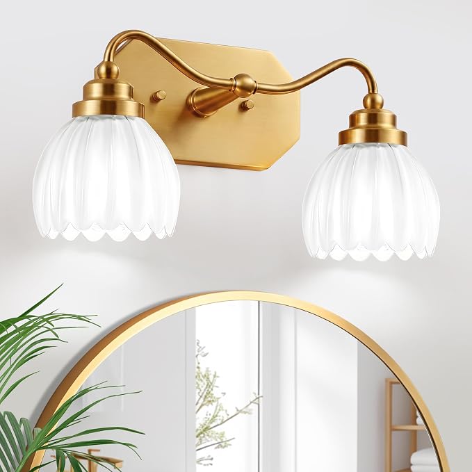 Vintage Gold Vanity Lights, 2 Light Milk White Tulip Crystal | Antique Brass Finish, Brushed Gold Bathroom Light Fixtures, Wall Sconce Ideal for Bedroom, E26 Compatible, Easy Install