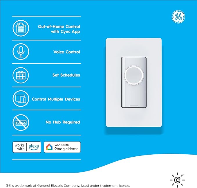 GE CYNC Smart Light Switch On/Off Button Style, No Neutral Wire Required Smart Switch, 2.4 GHz WiFi Works with Amazon Alexa and Google Home, White