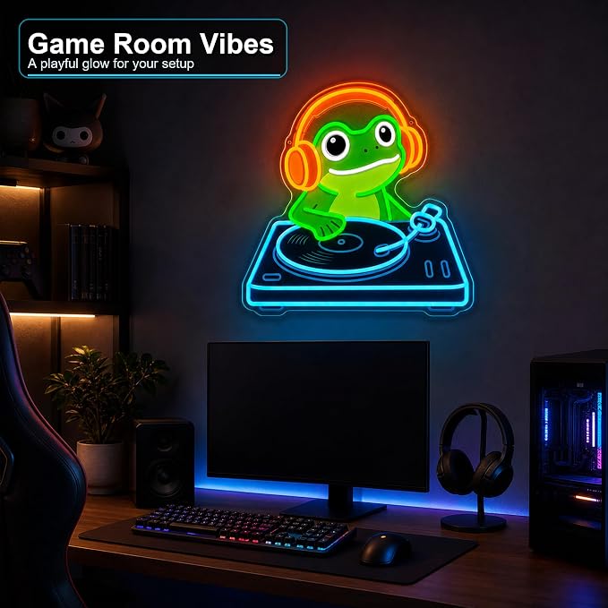 Frog DJ Neon Sign, Music Neon Signs for Wall Decor, Cute LED Light Up Sign for Bedroom, Game Room, Man Cave, Bar, Studio and Party Decor, USB Powered Dimmable Funny Wall Art Gift for DJ Music Lovers