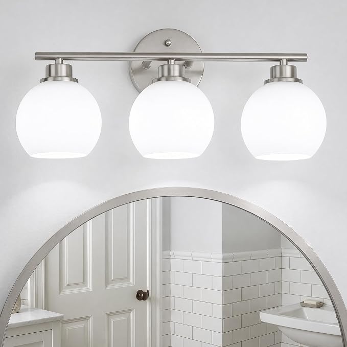 Brushed Nickel Bathroom Light Fixtures, 3-Light Modern Vanity Lights Over Mirror with Clear Glass Globe Shade, Bathroom Wall Sconces for Mirror