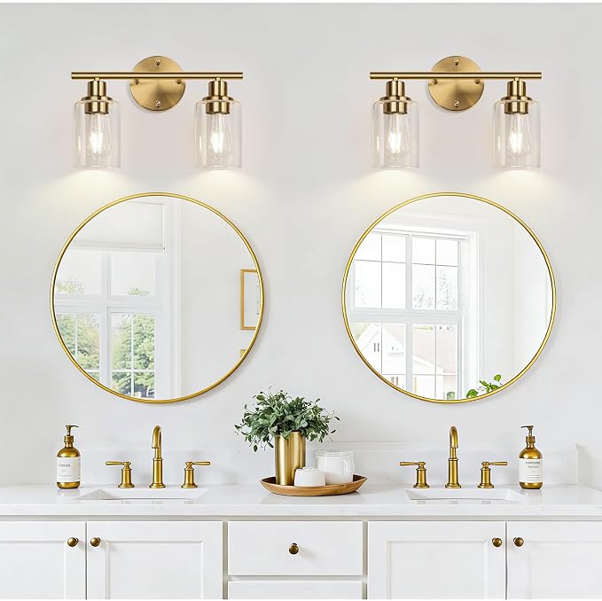 Zarbitta 2-Light Bathroom Light Fixtures, Brushed Gold Vanity Light, Modern Vanity Lights with Clear Glass Shade, Bathroom Wall Lamp for Mirror Kitchen Living Room Hallway Cabinet Porch