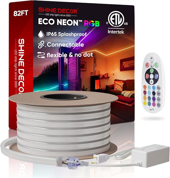 LED RGB Neon Rope Lights AC 120V, Expandable & Cuttable Bright Strip Lighting with Remote, Dimmable Color Changing, ETL Cold-Resistant & IP65 Waterproof for in&Outdoor, 10x20mm, 82FT