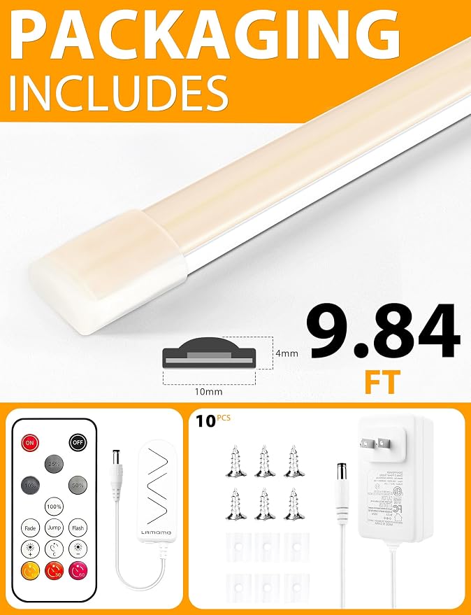Lamomo COB LED Strip Lights, 9.84Ft Natural White Dimmable Self-Adhesive Led Rope Light with Remote, Flexible Cuttable Waterproof 4000K Silicone Neon Tape Light for Bedroom,Indoor, Cabinet, 10mm Width
