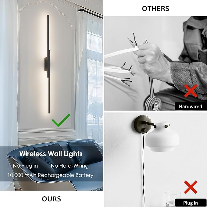 Aipsun Black Wall Sconces Set of Two Battery Operated Wall Sconces 3000K-6000K Dimmable LED Wireless Wall Lights for Living Room,Bedroom,12,000mAh,39.4Inch (2 Pack)