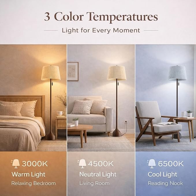 MOFFE Mid Century Modern Real Wood Floor Lamp with 2 Shades for Two Looks | 65" Tall,Sculptural Teardrop Base,Wooden Pull Chain,Vintage Standing Lamp,Linen Shades,Living Room,Bedroom, Bulb Included