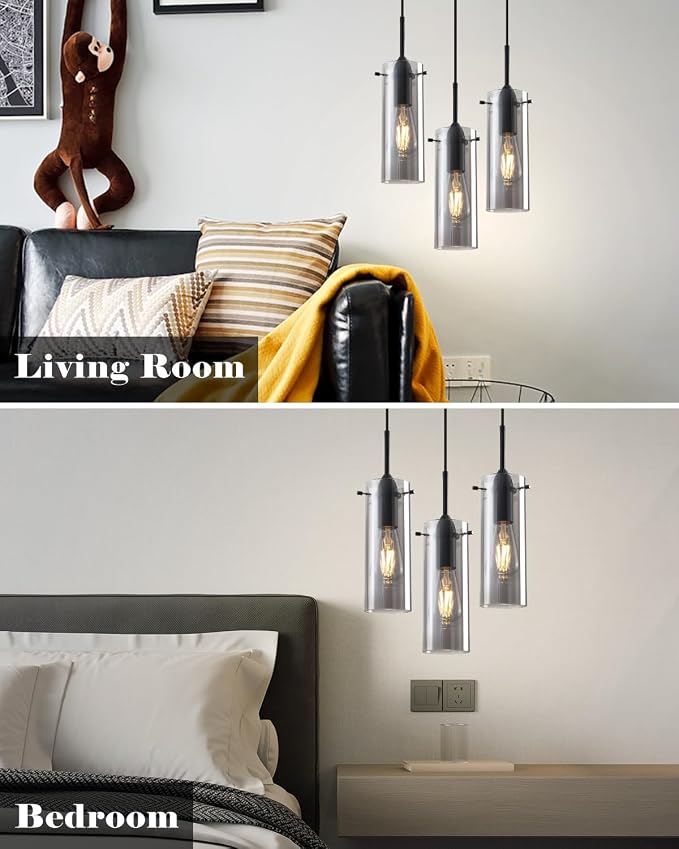 Smoke Gray Glass Pendant Light Kitchen Island, Kitchen Island Lights Ceiling Hanging, Kitchen Pendant Lights 2 Pack, Modern Clear Hanging Pendant Light for Kitchen, Living Room, Bathroom