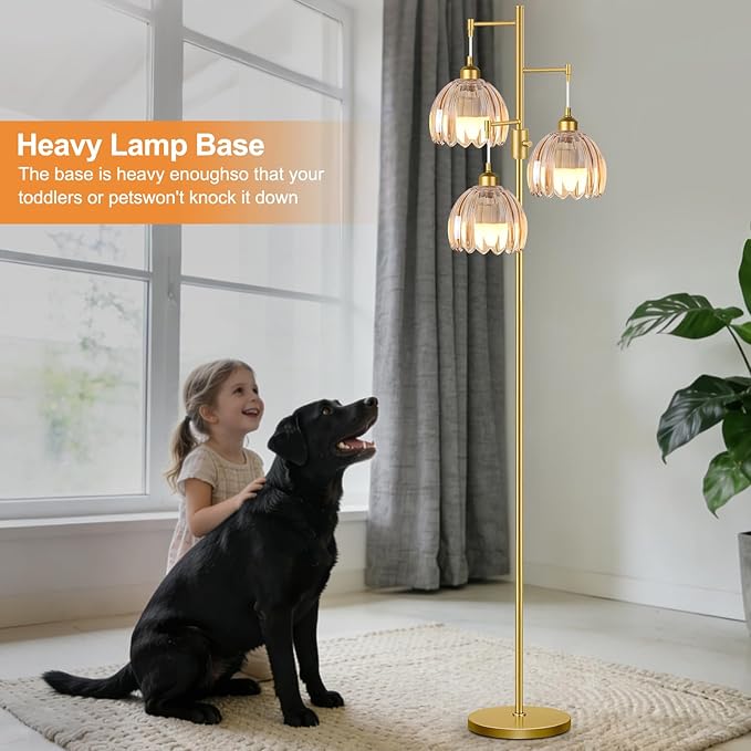 Dimmable Floor Lamps for Living Room-3 Light Gold Floor Lamp with Three Bulbs & Glass Lampshape, Mid Century Modern Standing Lamp Tree Tall Flower Floor Lamp for Bedroom Living Room,Corner