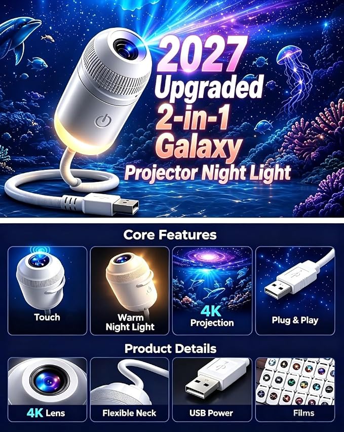 Galaxy Projector Night Light, 2-in-1 Holographic Star 5d Ocean Projector Plug and Play hd Star Smart Dynamic Ceiling Projectors Lamp 360° Space Starry Sky USB Projection