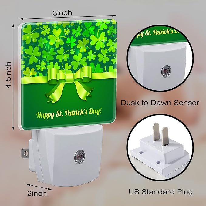 Happy St Patrick's Day Night Light Plug into Wall,Green Saint Patrick's Shamrock Dusk to Dawn Night Light Plug in,0.5w Energy Saving Sleep Friendly NightLight for Kids Boys Girls Home Decor