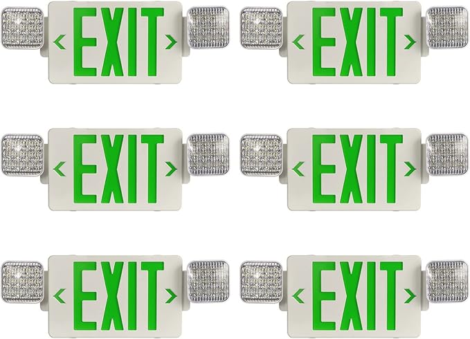 TANLUX Green Exit Sign with Emergency Lights, LED Emergency Exit Light with Battery Backup, UL Listed, AC 120/277V, Commercial Emergency Lights Combo for Business - 6 Pack