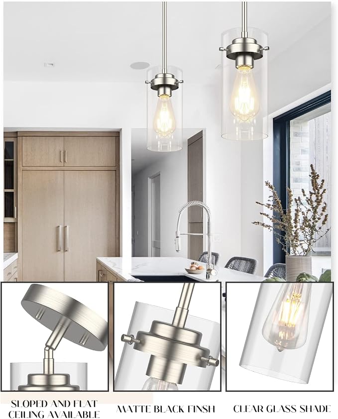 EAPUDUN Pendant Light (2 Packs), Kitchen Ceiling Hanging Light, Adjustable Height, Kitchen Light Fixtures Brushed Nickel Pendant Lights, Farmhouse Pendant Lighting for Sink Island, Home Décor Lighting