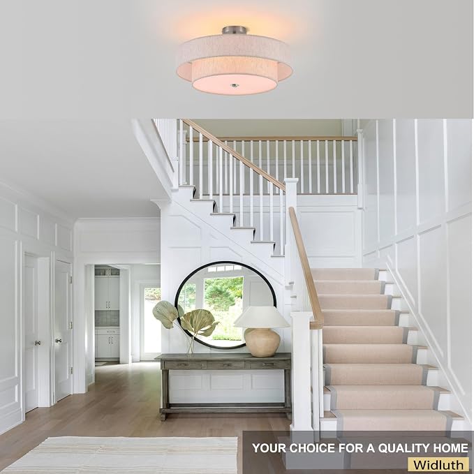 21.7" Large Chrome Flush Mount Ceiling Light, Linen 4-Light Fixture | Beige Linen Double Drum Shade, Modern For Bedroom, Living Room, Kitchen, Dining Room, Nursery,Close-To-Ceiling, E26, Dimmable