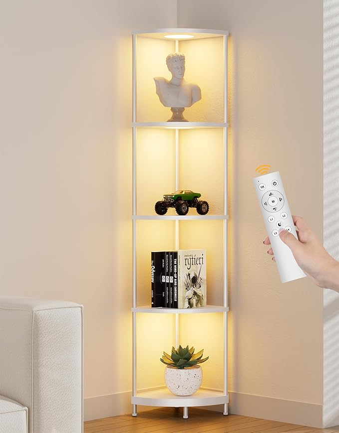 Corner Shelf with RGBCW LED Light, 64.5” Tall Floor Lamp Narrow Bookshelf Organizer, Standing Shelves with Metal Pole, Display Storage Rack for Wall Corner, Living Room, Bedroom, Office Décor, White