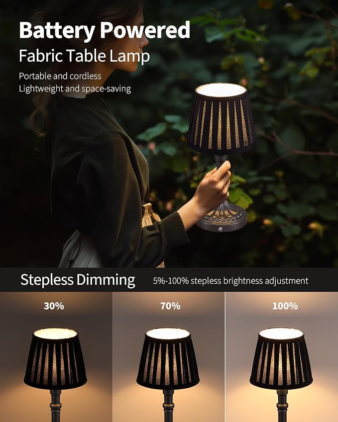 KDG Mottled Silver Cordless Table Lamps Set of 2, Black Fabric Shade Light | 2700K Stepless Dimmable 4000mAh Battery Powered Portables Small Desk Lamp, LED Lighting for Living Room, Dining Room, Bedroom