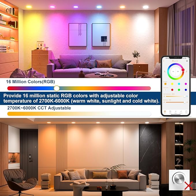 Smart Recessed Lighting 4 Inch Black RGBCW Color Changing 12W LED Downlight with Junction Box,1080 Lumen Recessed Ceiling Light Compatible with Alexa,Dimmable by Bluetooth Control -6Pack