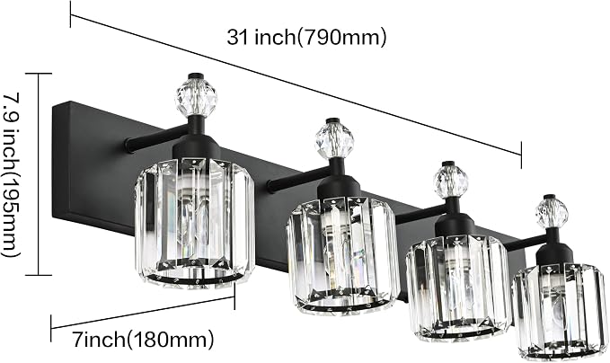 PRESDE Crystal 4- Light Vanity Light for Bathroom，Modern Matte Black Bathroom Lights Fixtures Over Mirror Wall Sconce