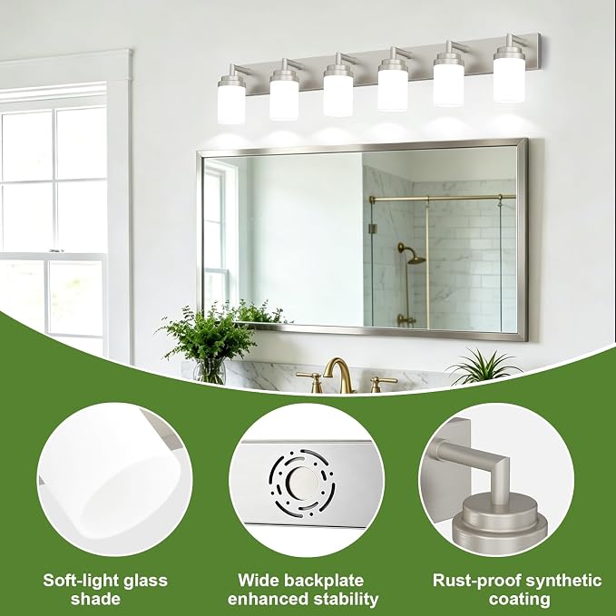 Bathroom Light Fixtures, Brushed Nickel Bathroom Lighting Fixtures Over Mirror, Modern Vanity Light with White Glass Shade, Restroom Lighting Fixtures, 6-Light 46-inch
