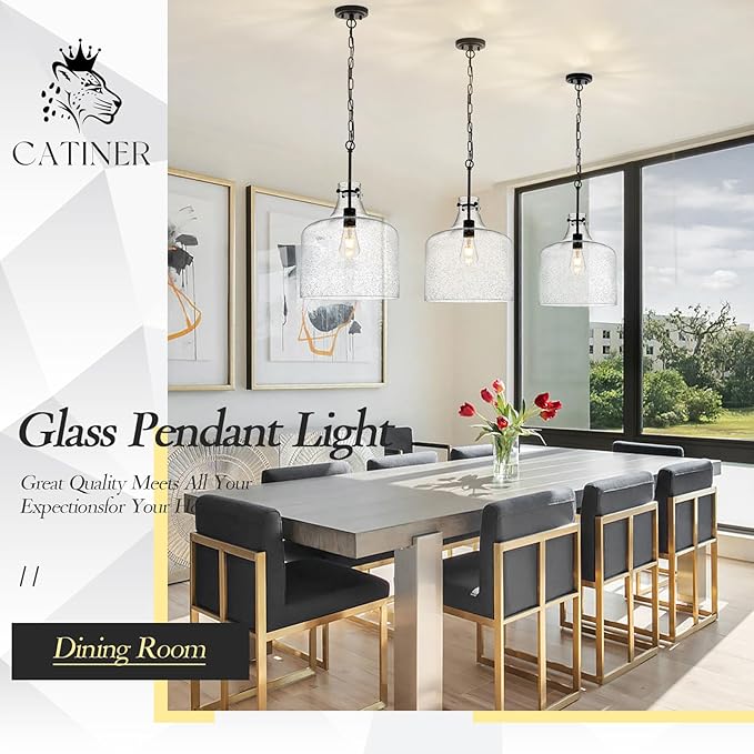 12" Black Seeded Glass Pendant Light, Modern Farmhouse Hanging Ceiling Light Fixture for Kitchen Island, Dining Room, Hallway, Hand-Blown Bubble Glass Shade, E26 Dimmable Pendant Lighting