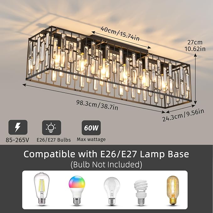 Garwarm 6-Light Crystal Flush Mount Ceiling Light, 38.7" Black Rectangle | Crystal Modern Chandelier Rectangular Dining Room Light Fixture for Low Ceiling, Kitchen Island, Living Room, Foyer, Entryway