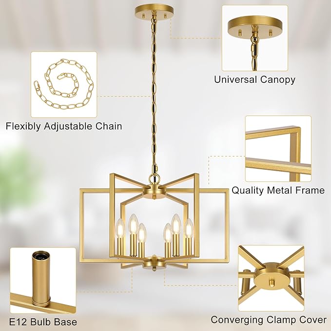 6 Light Gold Chandelier, Dining Room Light Fixture, Modern Farmhouse Industrial Metal Geometric Ceiling Light Rustic Hanging Pendant Lights with E12 base for Kitchen Island Entryway Foyer, Indoor