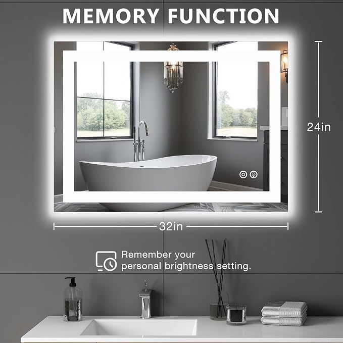 DUMOS 24.1"x32.1" LED Bathroom Mirror, Bathroom Vanity Mirror | Smart Anti-Fog, Front Light and Backlit, 3 Color Temperatures, Dimmable, Memory Function