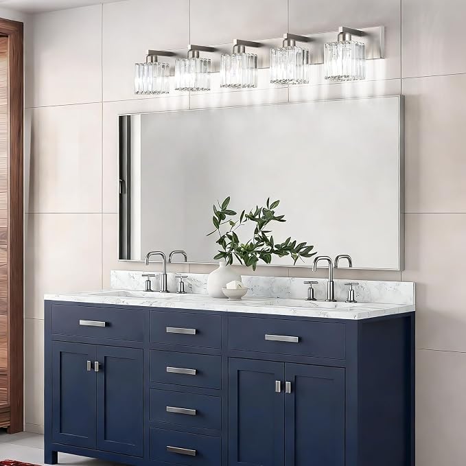 Aipsun Brushed Nickel Bathroom Lighting Fixtures 5 Light Vanity Light Crystal Modern Bathroom Vanity Light (Exclude Bulb)