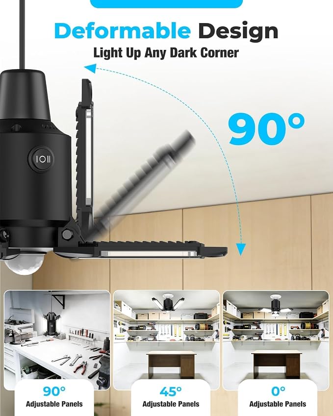 80W Motion Sensor Garage Light, All-Day Motion Activated Garage Light Led, Day & Night Sensing Garage Ceiling Lights, Adjustable Panels LED Shop Lights for Basement Attic