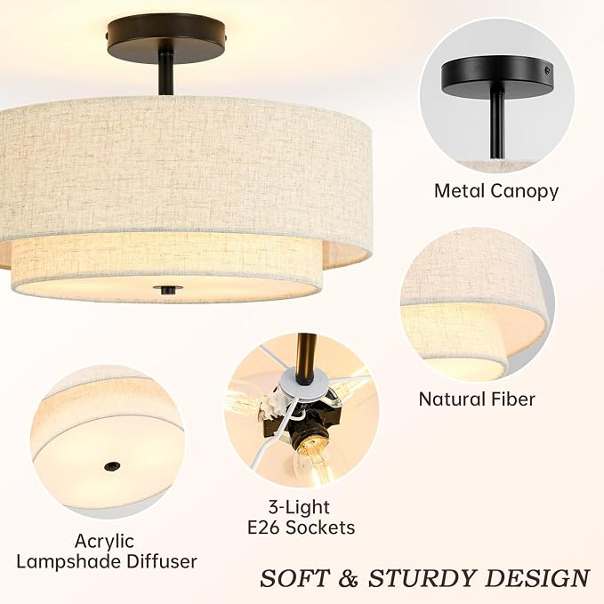 16" Semi Flush Mount Ceiling Light, 3-Light Drum Ceiling Light Fixture | 2-Tier Fabric Linen Shade Design, Farmhouse Chandelier for Dining Room, Living Room, Bedroom, Kitchen, Entryway, Black