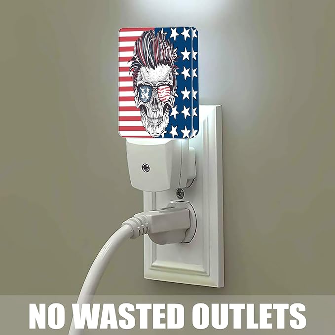 Abstract USA Flag Night Light, Hippe Skull Plug into Wall with Dusk to Dawn Light Sensors, Warm Nightlights for Bedroom, Bathroom, Hallway, Kitchen, Gifts Ideal for Boys Girls Women Men