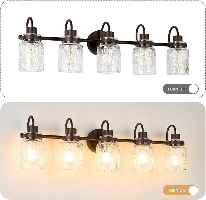 5 Lights Hammered Glass Bathroom Vanity Light, Oil Rubbed Bronze | Easy Installation,Up or Down,Farmhouse Modern Style,E26 Socket,ETL Certification