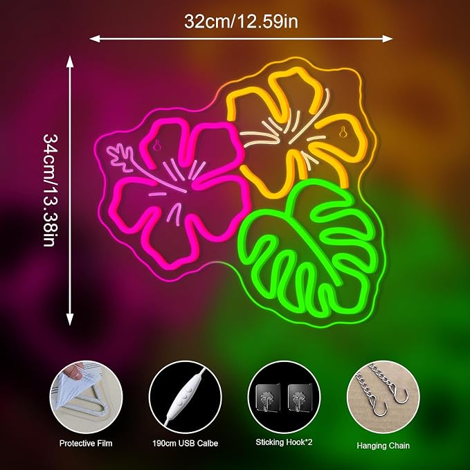 Hibiscus LED Neon Sign Tropical Monstera Light Up for Beach Wall Decoration | 13.38IN*12.59IN,Five level brightness adjustment,USB power,For Bar,Club,Pub,Living room,Bedroom,Restaurant,Beach Bungalow