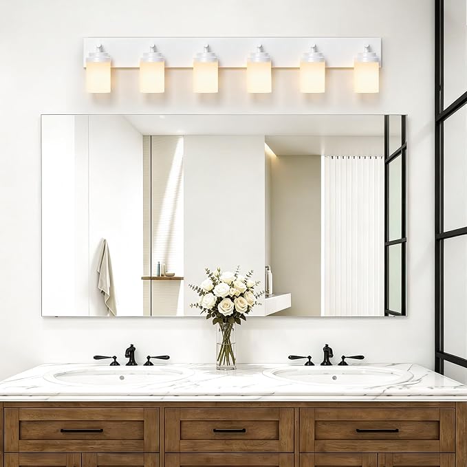 IZORRO Bathroom Vanity Light Fixture, 6-Light 46 Inch White Bathroom Light Fixtures Over Mirror, with White Glass Shade, Modern Farmhouse Vanity Lights, Rustic Restroom Lighting Fixtures
