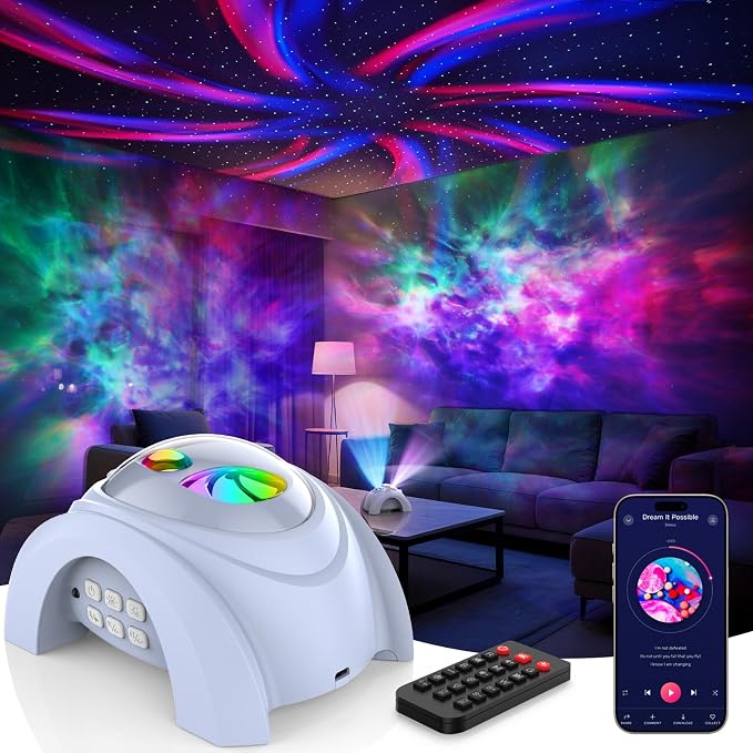 Rossetta Dual Lens Galaxy Star Aurora Projector Night Light for Bedroom | 58 Light Effects, White Noise, Bluetooth Speaker, Music Sync, Remote Control, Timer, Room Decor Gift for Kids Adults Teens