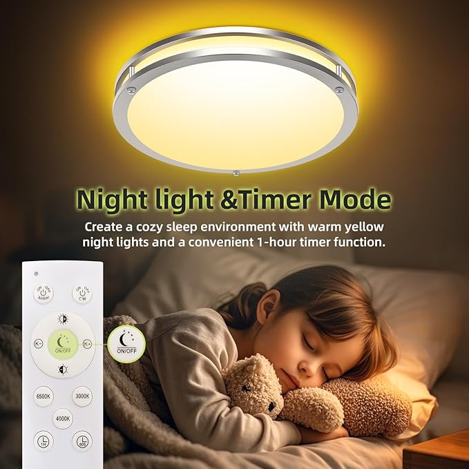 hepside 2Pack Flush Mount LED Ceiling Light with Remote, Dimmable& 3000K-6500K Adjustable Ceiling Light Fixture, Timer, Night Light, 10 inch Brushed Nickel Ceiling Lamps for Kitchen Bathroom Bedroom