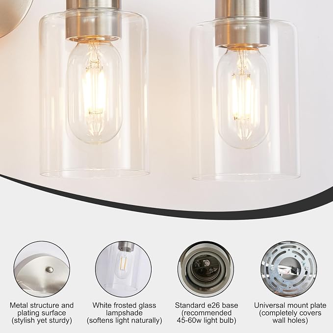 Bathroom Light Fixtures 3-Light Bathroom Vanity Light Brushed Nickel | Stainless steel body, Clear glass shade, E26 scoket, Anti-rust, Easy to install, Vanity lighting fixtures, Over mirror, 18 in