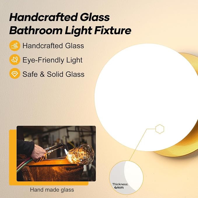 1 Pack Gold Wall Sconce, Modern Bathroom Sconce with Milky Globe Glass, Wall Light for Bathroom Mirror, Living Room, Hallway (Bulb Not Included)