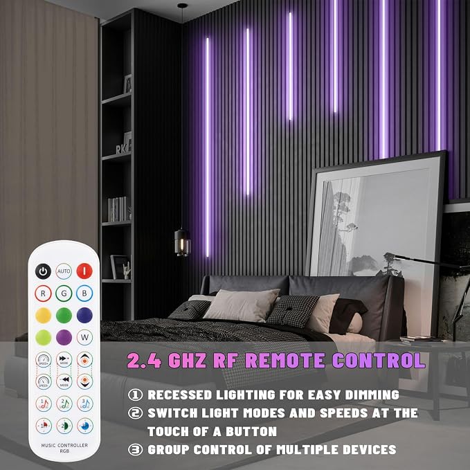 Lichaser RGB Black LED Strip Light for Wood Slat Wall Panel, 6 Pcs WiFi Smart Recessed Lighting for Acoustic Panel Compatible with Alexa, Self-Adhesive Smart LED for Slat Wall (2*36+2*24+2*16 in)