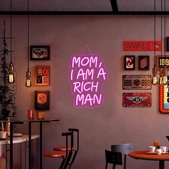 Lucunstar Mom I Am A Rich Man Neon Sign Pink Neon Signs for Wall Decor Pink LED Light for Bedroom Decor USB Connectivity Led Neon Signs for Home Boys Room Man Cave Gifts for Teens