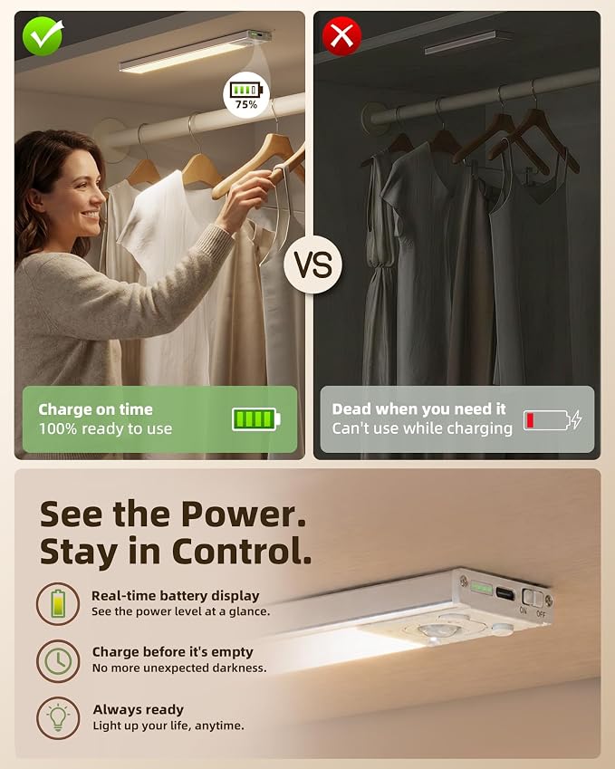 EZVALO Under Cabinet Lighting Wireless, 3Pack 12'' Rechargeable Closet Lights, LED Motion Sensor Indoor, Dimmable & 3 Color Temps Battery Operated with Power Display, for Kitchen, Stairs, Bookshelf