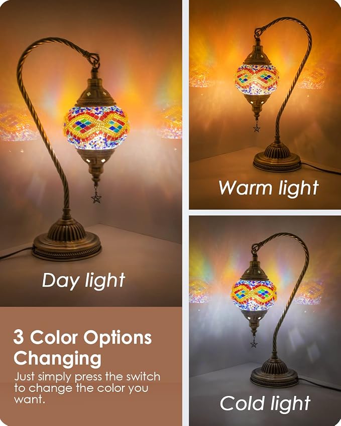 Yarra-Decor Turkish Moroccan Lamp with Bronze Base 3 Color Options Handmade Swan Neck Mosaic Glass Bedside Lamps for Bedroom (LED Bulb Included)(Orange2)