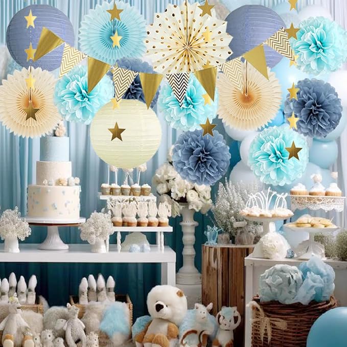 Dusty Blue Party Decorations Boho Beige Light Dusty Blue and Gold Party Decorations Paper Lanterns Poms Fans Champagne Gold for Birthday Baby Shower Boy Bridal Shower Wedding Engagement Graduation