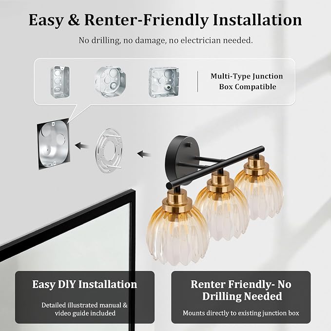 TALOYA Black Gold 3-Light Bathroom Vanity Light with Amber Tulip GlassShade | Modern Vanity Lighting Fixtures, Bathroom Lights Over Mirror, Wall Mount Mirror Light Fixtures for Bathroom Hallway Bedroom