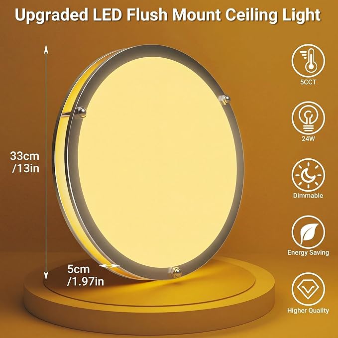 libtit 13-Inch Flush Mount Ceiling Lights, Dimmable 3000K-6500K Adjustable LED Ceiling Light, 24W Round Slim Light Fixture, Brushed Nickel for Kitchen, Bedroom, Bathroom, Hallway- 4 Pack